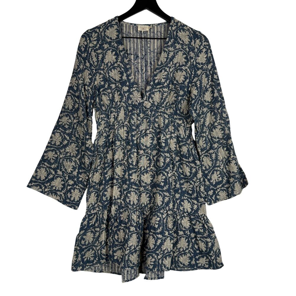 Faherty VNeck Dune Oceana Floral Long Sleeve Babydoll Dress Mini Blue - S